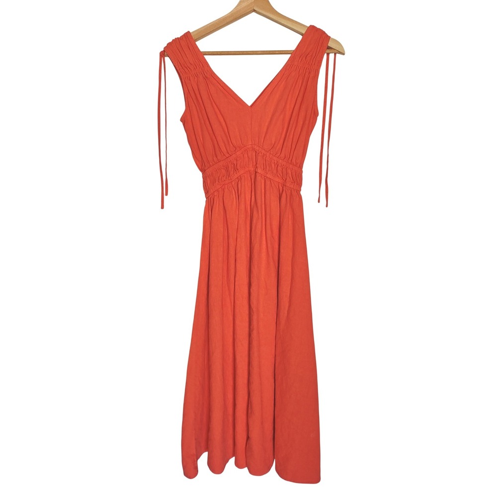 4ourDreamers Midi Dress Linen Blend XS Coral Orange Smocked Vneck Shoulder Ties